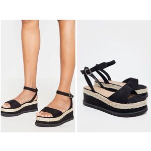 Retro Women's Black Faux Suede Leather Slingback Ankle Strappy Wedges Sandals